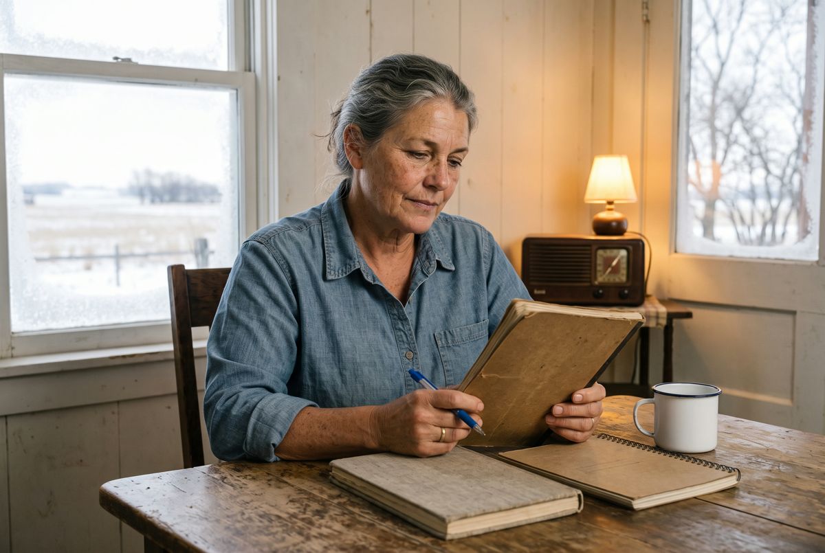 Della at her kitchen table with the family notebooks
